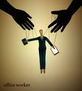 Office worker concept, wooden marionette manipulated by hands like office worker by boss,