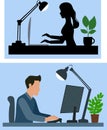 Silhouette of a Person Typing at a Desk with Lamp, Coffee, and Plant Royalty Free Stock Photo
