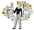 Office worker doing everyday job vector outline illustration, career in company for employee, business and paperwork.