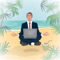 Employee levitates in lotus pose on beach Royalty Free Stock Photo