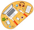 Office worker or entrepreneur working on a laptop computer, top view of workspace desk with human hands and diverse stationery Royalty Free Stock Photo