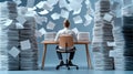 Office worker faces overwhelming paperwork chaos during deadline Royalty Free Stock Photo