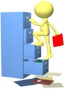 Office worker files folder in 3D filing cabinet