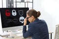 Office worker in front of computer with warning about virus attack on screen Royalty Free Stock Photo