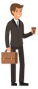 Office worker go to work with coffee cup. Happy businessman morning