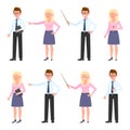 Office worker guy, lady vector. Pointing, holding wooden wand, standing, writing notes eyeglasses, blonde woman cartoon character