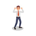 Office worker with happy face expression. Cheerful man standing with hands up. Isolated flat vector illustration Royalty Free Stock Photo