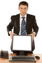 Office worker holding blank computer monitor with clipping path Royalty Free Stock Photo