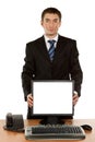 Office worker holding blank computer monitor with clipping path Royalty Free Stock Photo