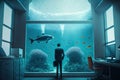 Office worker inside a large aquarium, created with Generative AI technology