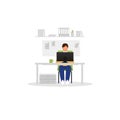 Office worker with laptop flat vector illustration. Man working at desk isolated cartoon character on white background. Manager, Royalty Free Stock Photo