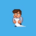 Office worker male character crying looking at the long document - bill or to-do list. 8 bit business pixel art retro