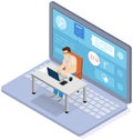 Office worker male character sitting at table with computer working with online medical application Royalty Free Stock Photo