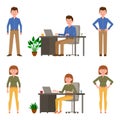 Office worker man and woman vector illustration. Front view standing, hands on hips, sitting at desk, typing cartoon character Royalty Free Stock Photo