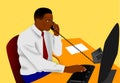 Vector illustration of a black office worker talking on the phone while typing on his computer