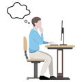 An office worker sits at a computer. The person is thinking about ideas. Working day. The working process. Inspiration. Searching