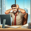 An office worker sits in front of his computer, arms wrapped around his head, with a grimace of anger on his Royalty Free Stock Photo