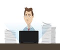 Office worker sitting behind his table working on laptop with a lot of papers and documents around - vector cartoon illustration