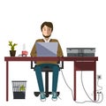 Office worker sitting in front of computer. White background. Royalty Free Stock Photo