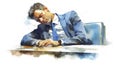 Office Worker Taking a Quick Nap During Break in Watercolor Depiction .