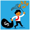 Office Worker trying to catch flying money with a butterfly net.The Vector Illustration is showing the concept of how to earn a lo Royalty Free Stock Photo