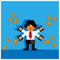 Office Worker trying to catch flying money with magnet.The Vector Illustration is showing the concept of how to earn a lot of mone