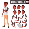Office Worker Vector. Face Emotions, African, Black. Various Gestures. Animation Creation Set. Business Person. Career