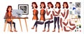 Office Worker Vector. Woman. Happy Clerk, Servant, Employee. Business Human. Face Emotions, Various Gestures. Animation