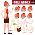 Office Worker Vector. Woman. Modern Employee, Laborer. Business Woman. Emotions, Gestures. Animation Creation Set. Flat Royalty Free Stock Photo