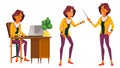 Office Worker Vector. Woman. Modern Employee, Laborer. Front, Side View. Business Woman. Situations. Emotions, Gestures