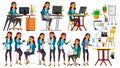 Office Worker Vector. Woman. Happy Clerk, Servant, Employee. Poses. Business Human. Face Emotions, Gestures. Secretary