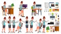 Office Worker Vector. Woman. Successful Officer, Clerk, Servant. Poses. Situations. Secretary. Business Woman Worker