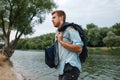 Office worker walking on the beach, desert island Royalty Free Stock Photo