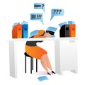 Office worker woman character stressful on workplace, sleeping businesswoman cartoon vector illustration, isolated on