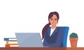 Office worker woman in a suit working on a laptop computer at her office desk. Flat style vector illustration