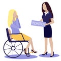 Office worker woman in wheelchair gets promotion from female boss