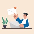 Office worker working with a laptop and opens an urgent letter. Mail notification. Man, working from home office get email message Royalty Free Stock Photo