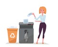 Office worker young stylish woman shredding stack of documents. Paper waste in plastic recycling bin. Big office floor shredder Royalty Free Stock Photo