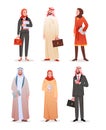 Office workers arab business people, cartoon man woman saudi characters isolated set