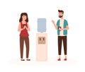 Office workers chatting near water cooler flat vector illustration. Colleagues conversation. Work break, communication