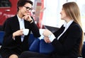 Office workers on coffee break, woman enjoying chatting Royalty Free Stock Photo