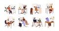 Office workers do yoga exercises at computer desks set. People with sedentary work stretch at break. Employees do home Royalty Free Stock Photo