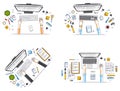 Office workers or entrepreneurs working on a PC computers, top view of workspaces desks with human hands and diverse stationery Royalty Free Stock Photo