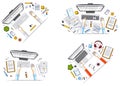 Office workers or entrepreneurs working on a PC computers, top view of workspaces desks with human hands and diverse stationery Royalty Free Stock Photo