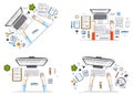 Office workers or entrepreneurs working on a PC computers, top view of workspaces desks with human hands and diverse stationery Royalty Free Stock Photo