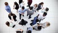 office workers and foreign employees stand and talk in the office lobby.Top view.