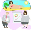 Office workers giving a presentation and dream of a beach vacation.Vector stock illustration. Royalty Free Stock Photo