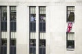 Office workers hanging Union Jack British Flag