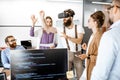 Office workers having a conference with VR goggles Royalty Free Stock Photo