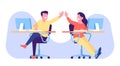 Office workers high five each other as sign of teamwork. People working together. Man and woman sitting at tables Royalty Free Stock Photo